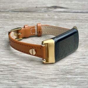 Fitbit Charge 6 Band Slim Leather Strap, Adjustable Size Bracelet Gold Accents